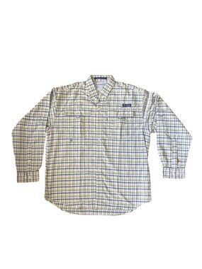 Columbia Super Bahama Plaid Fishing Shirt M Long sleeve Omni Shade Plaid Blue